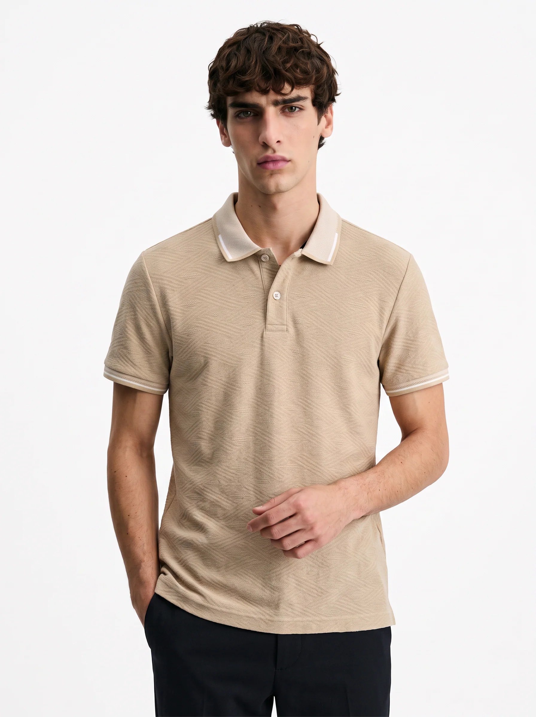 BEIGE TONE-ON-TONE JACQUARD SLIM-FIT POLO SHIRT S27