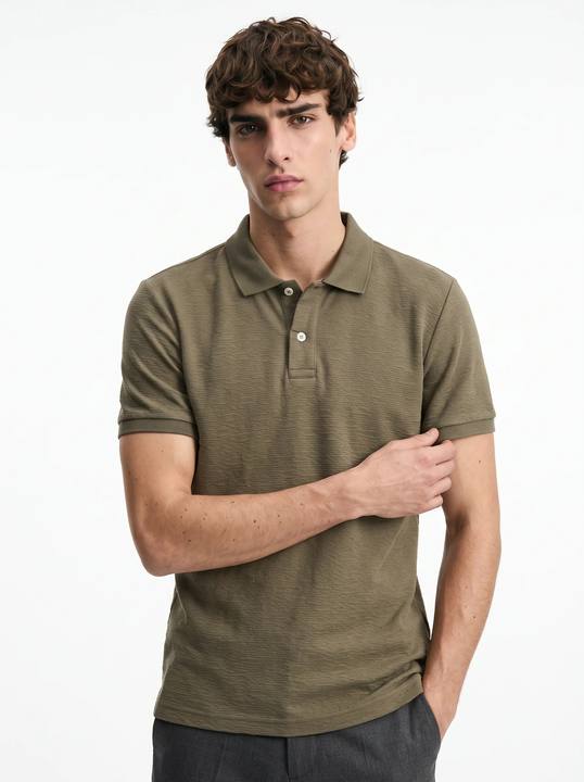 OLIVE KHAKI TONAL CRINKLE TEXTURE SLIM-FIT POLO SHIRT S27