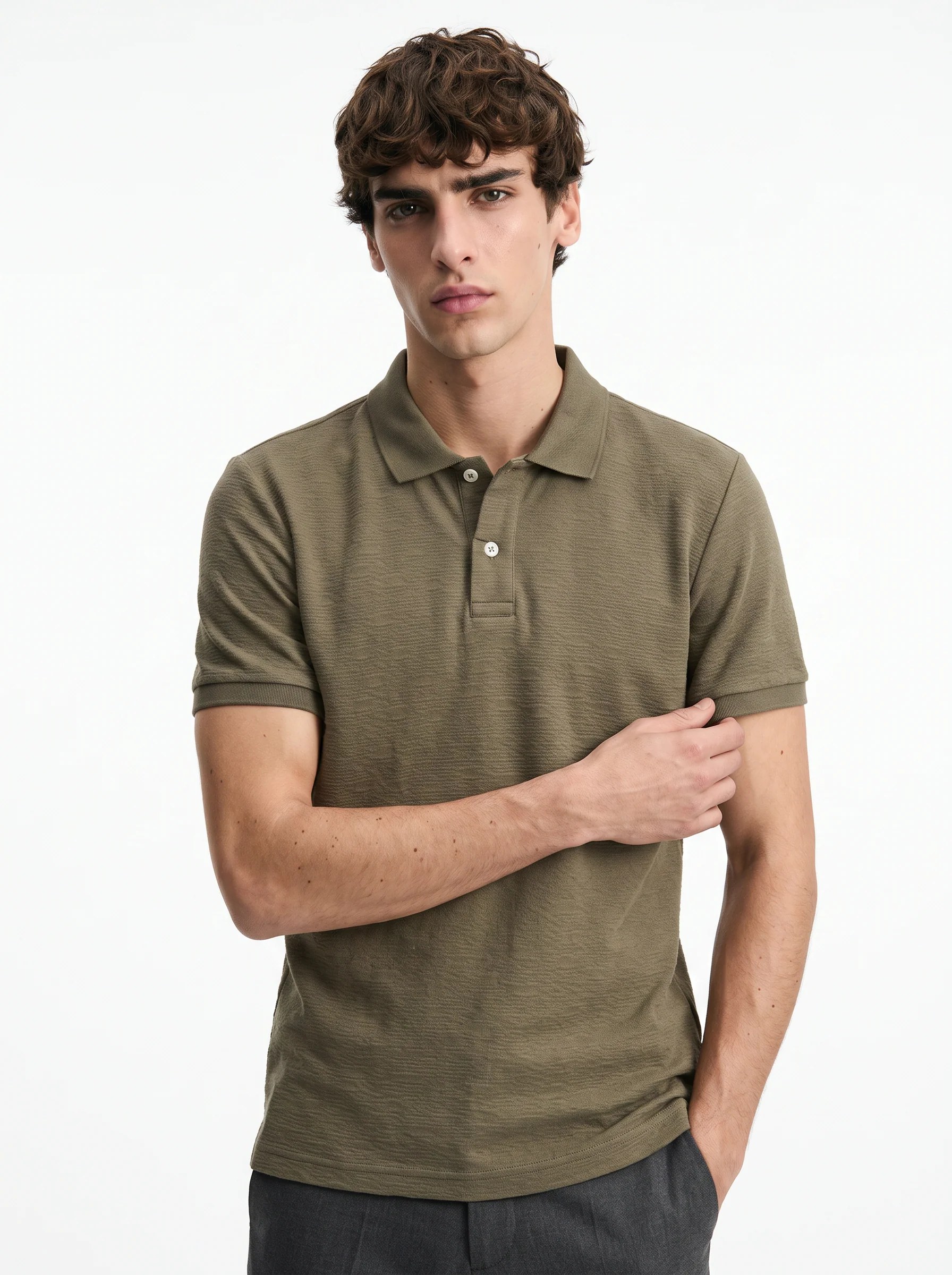 OLIVE KHAKI TONAL CRINKLE TEXTURE SLIM-FIT POLO SHIRT S27