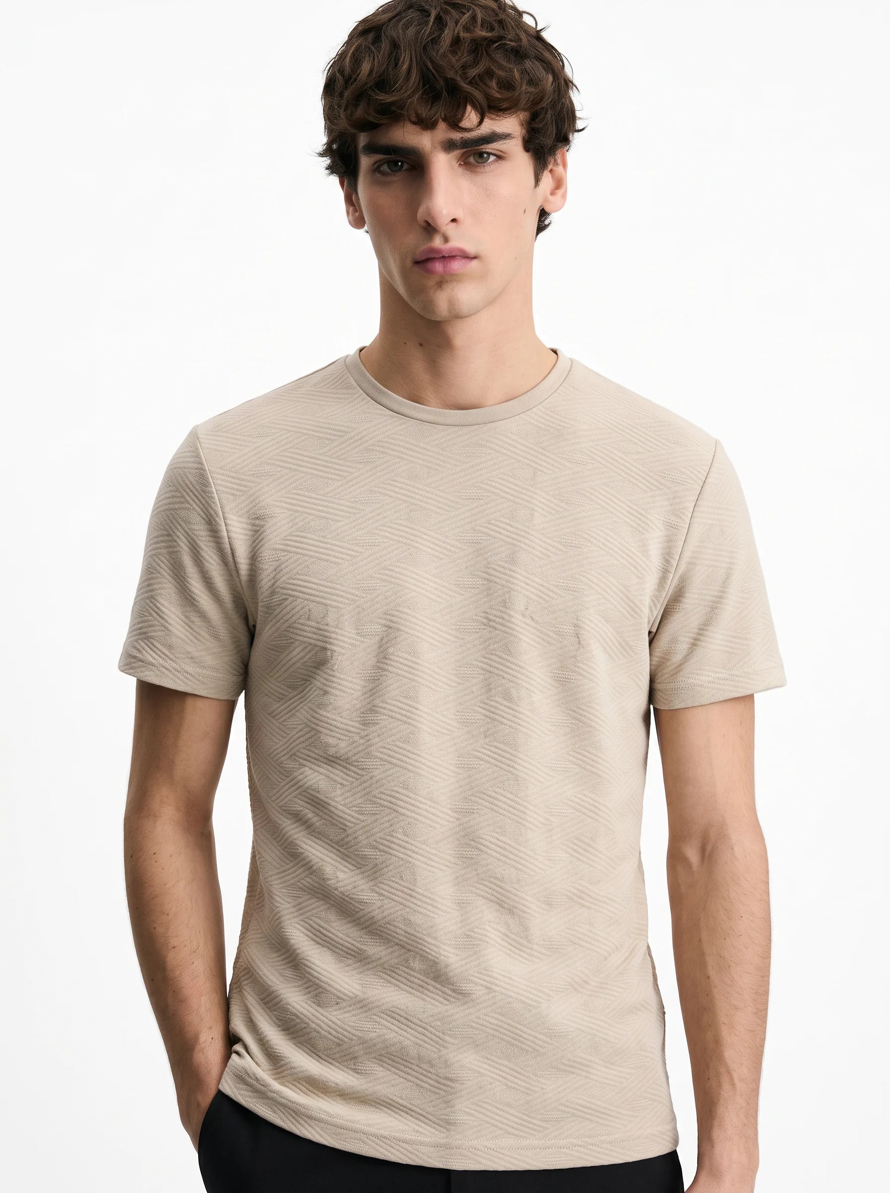 BEIGE TONE-ON-TONE JACQUARD SLIM-FIT CREWNECK T-SHIRT S27