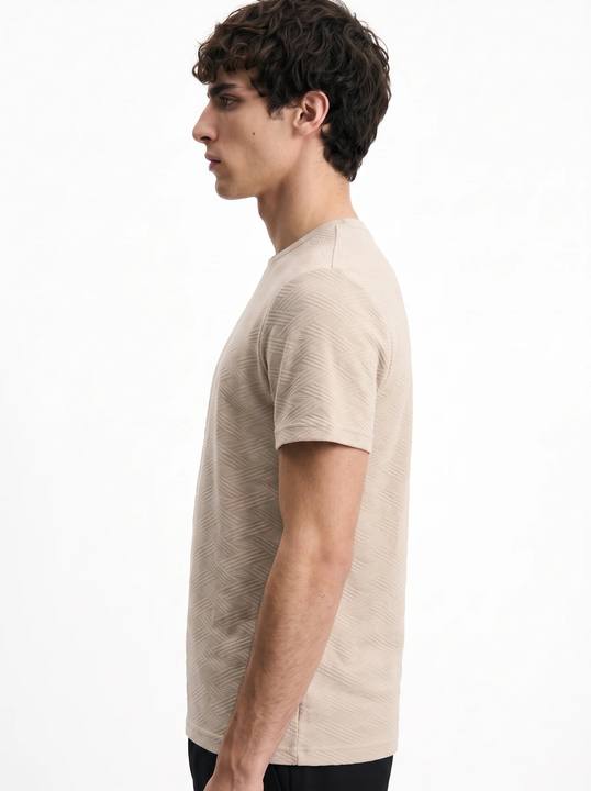 BEIGE TONE-ON-TONE JACQUARD SLIM-FIT CREWNECK T-SHIRT S27