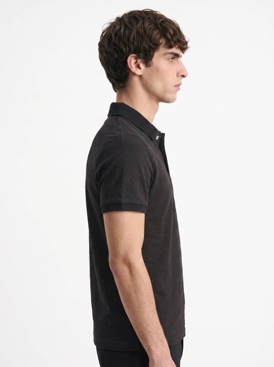 BLACK TONE-ON-TONE GEOMETRIC JACQUARD SLIM-FIT POLO SHIRT S27