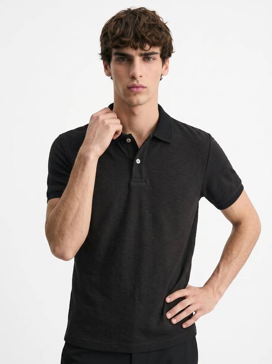 BLACK TONE-ON-TONE GEOMETRIC JACQUARD SLIM-FIT POLO SHIRT S27