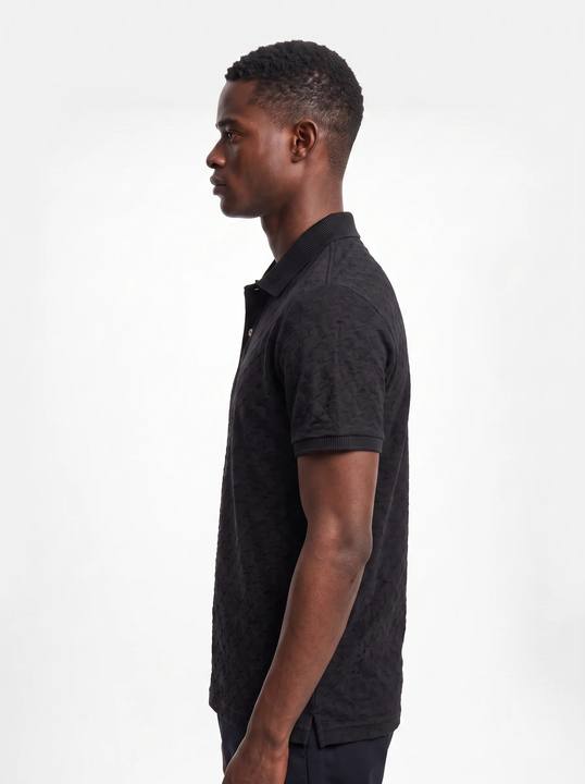 BLACK TONAL JACQUARD TEXTURE SLIM-FIT POLO SHIRT S27