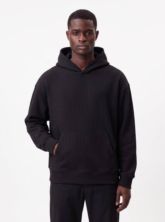 BLACK RIBBED TEXTURED OVERSIZED HOODIE W27N