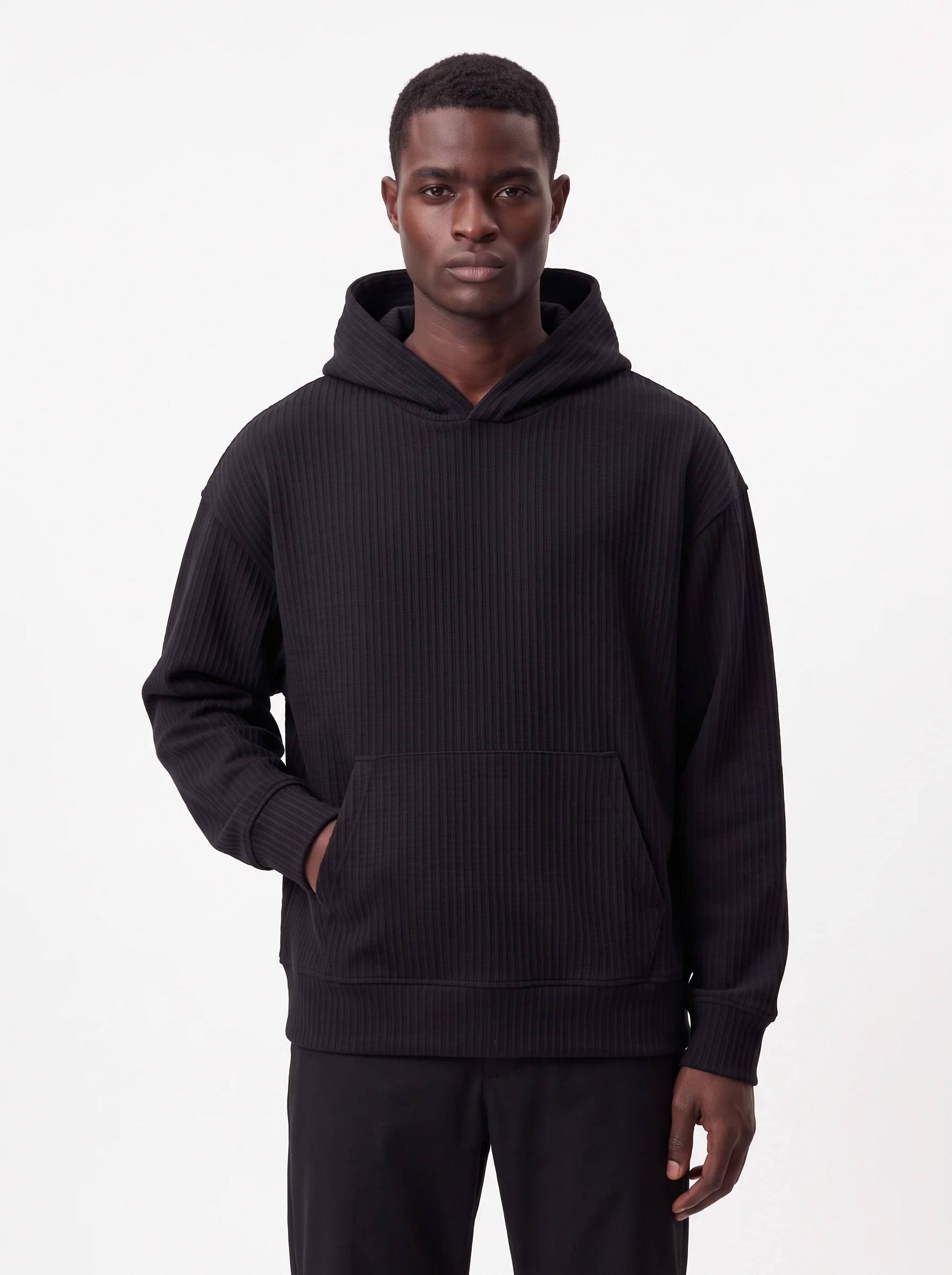 BLACK RIBBED TEXTURED OVERSIZED HOODIE W27N