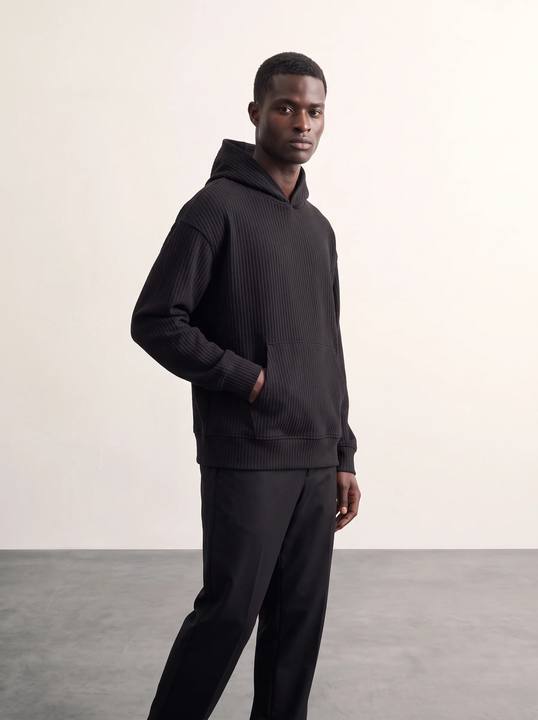 BLACK RIBBED TEXTURED OVERSIZED HOODIE W27N