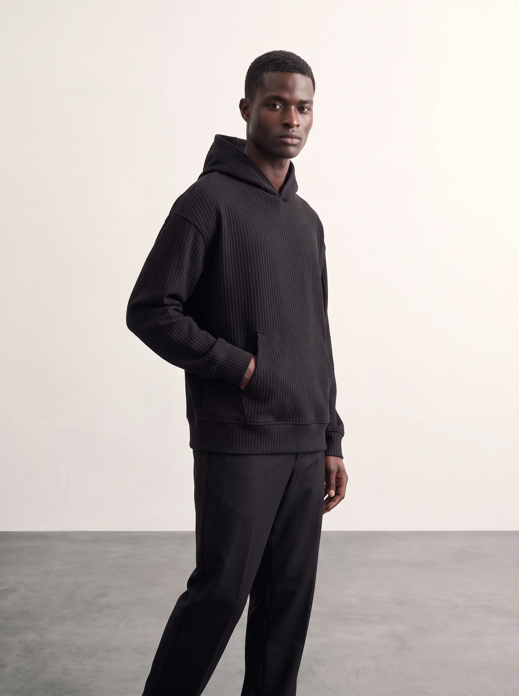 BLACK RIBBED TEXTURED OVERSIZED HOODIE W27N