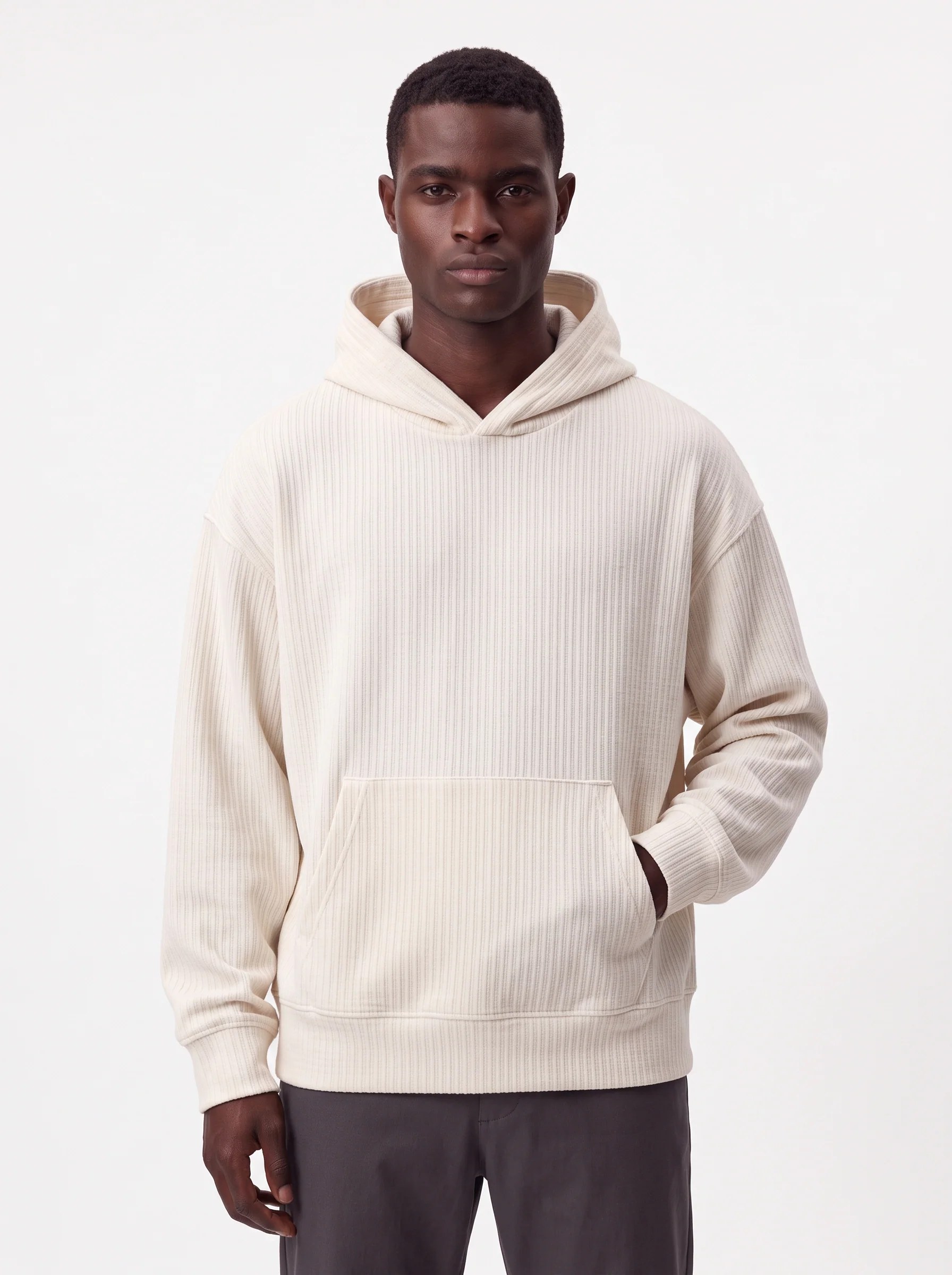 CREAM RIBBED TEXTURED OVERSIZED HOODIE W27N