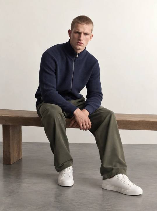 NAVY TEXTURED KNIT ZIP-UP SWEATER W27N