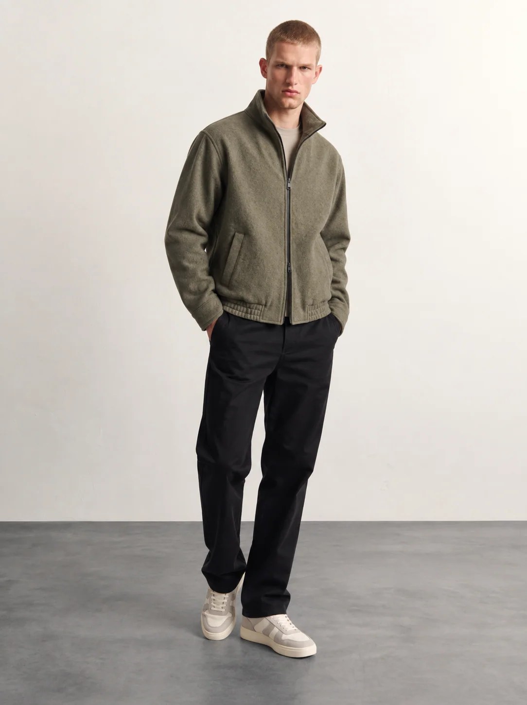 OLIVE MELANGE WOOL ZIP-UP JACKET W27N