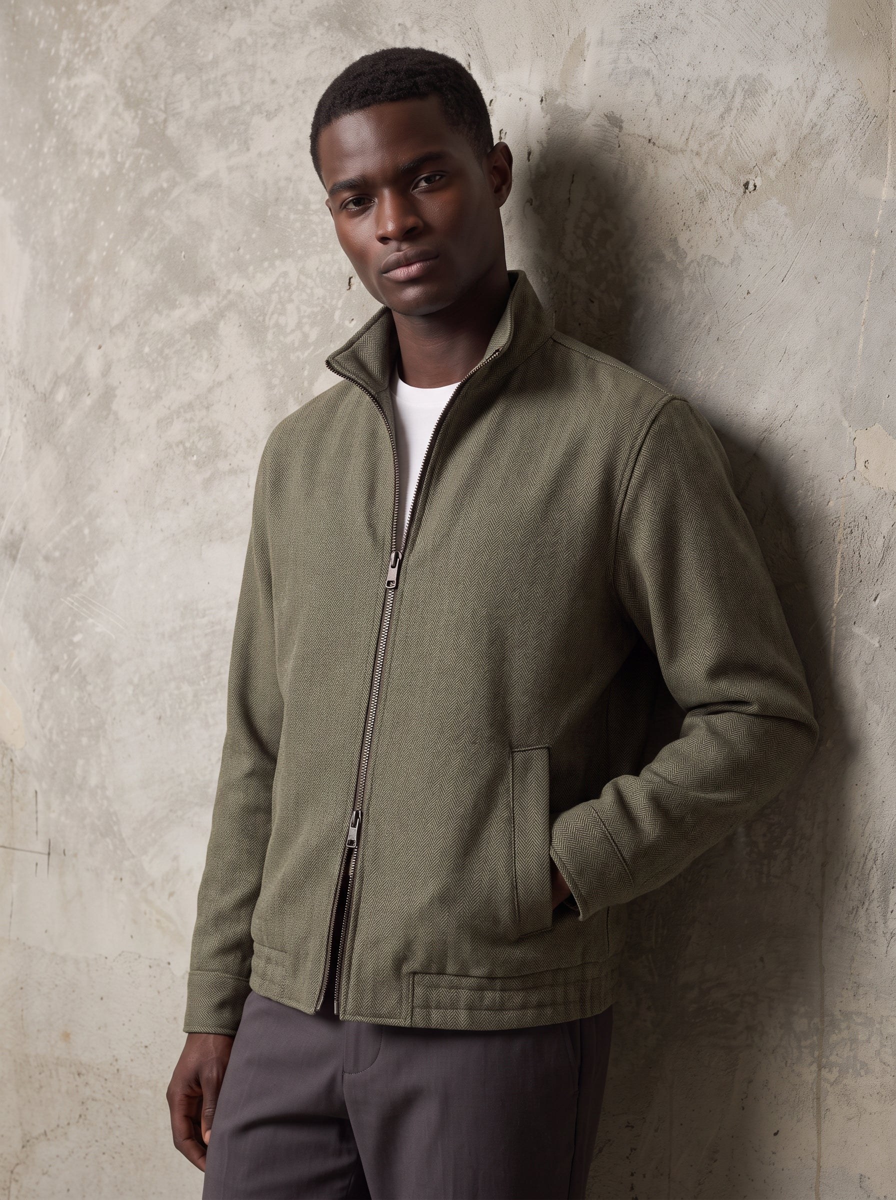 OLIVE HERRINGBONE TEXTURED ZIP-UP JACKET