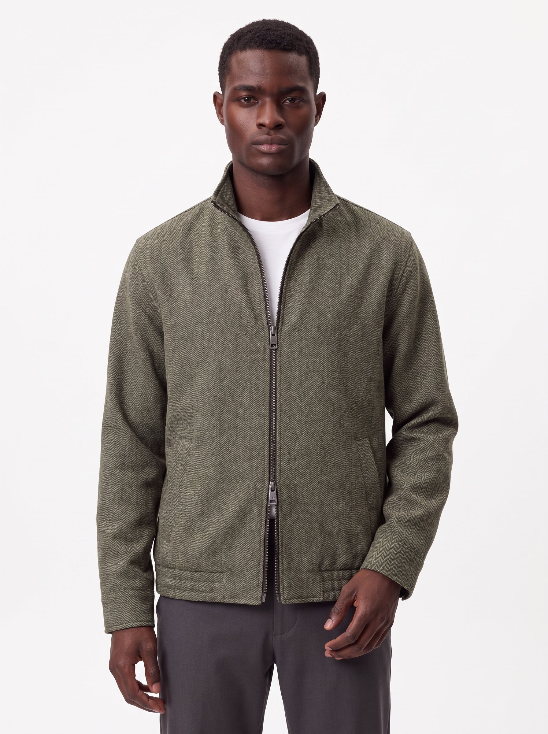 OLIVE HERRINGBONE TEXTURED ZIP-UP JACKET