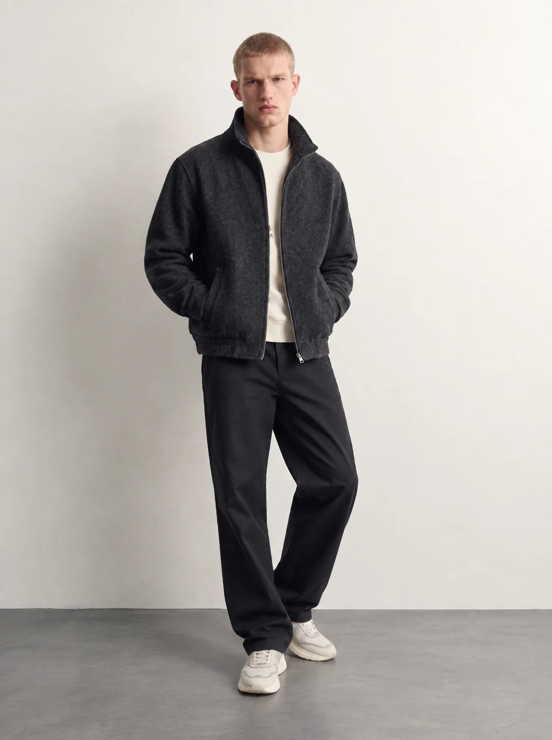 BLACK MELANGE WOOL ZIP-UP JACKET W27N