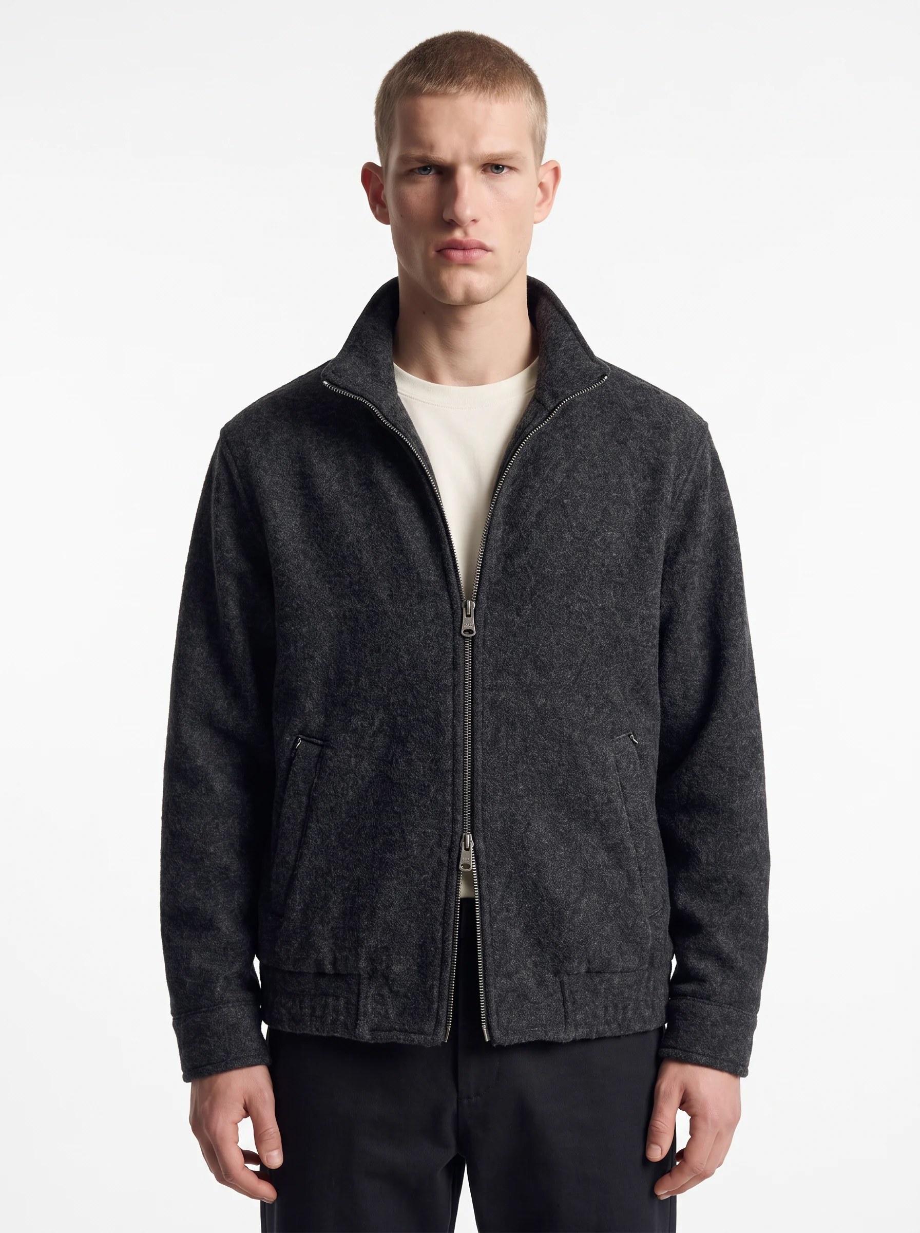 BLACK MELANGE WOOL ZIP-UP JACKET W27N