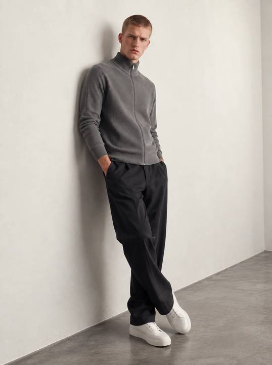 GREY TEXTURED KNIT ZIP-UP SWEATER W27N