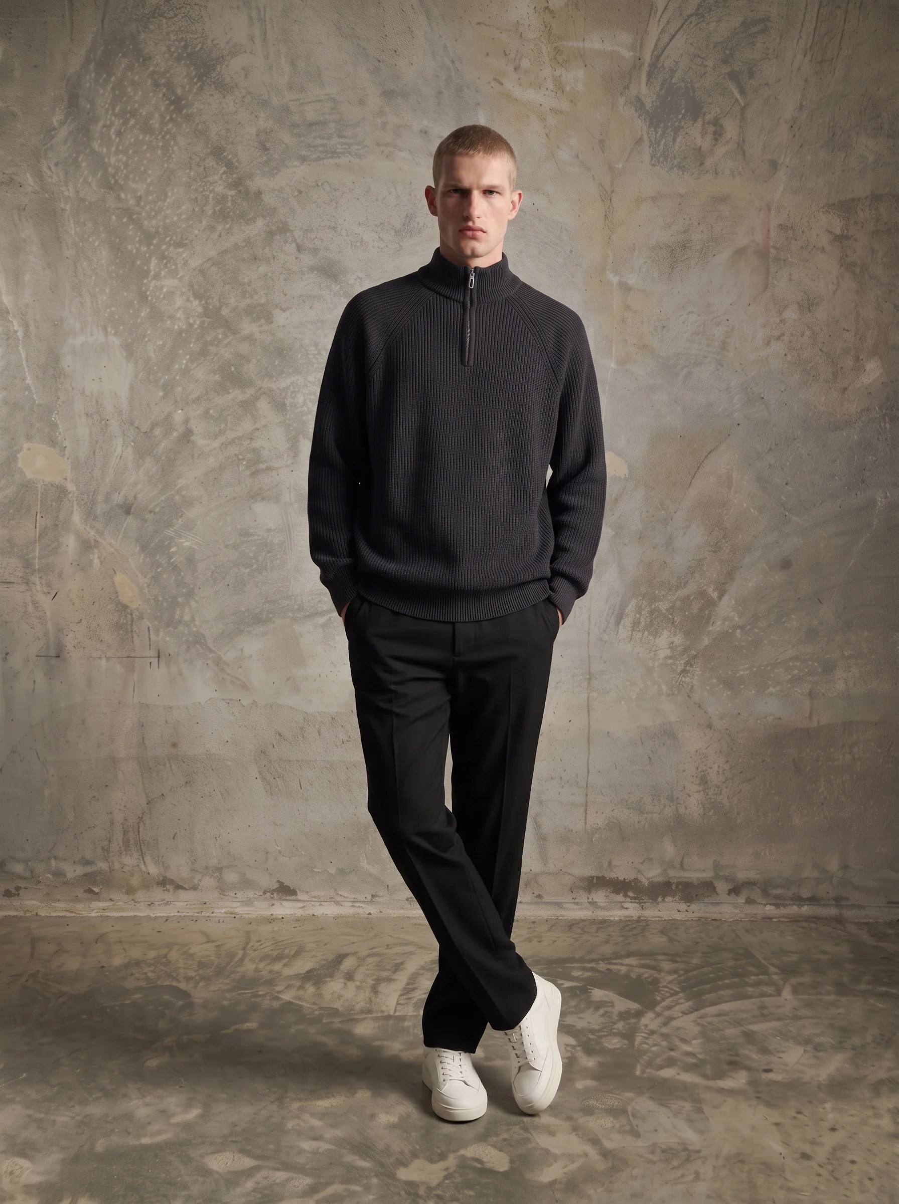 BLACK RIBBED TEXTURED HALF-ZIP KNIT SWEATER W27N