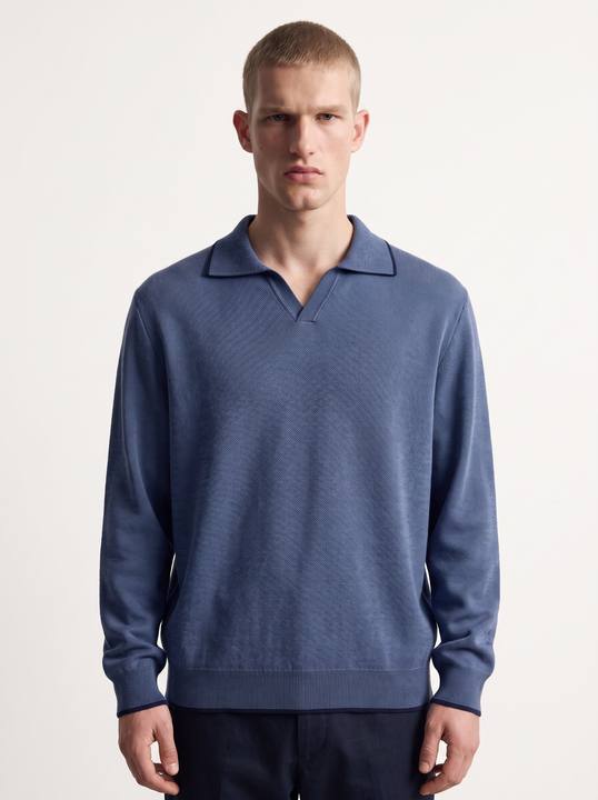 BLUE CONTRAST-TRIM TEXTURED KNIT POLO SWEATER W27N