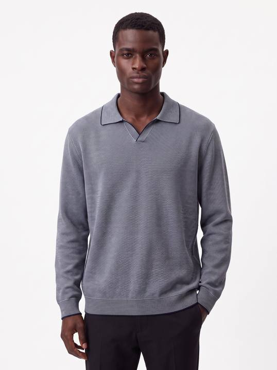 GREY CONTRAST-TRIM TEXTURED KNIT POLO SWEATER W27N