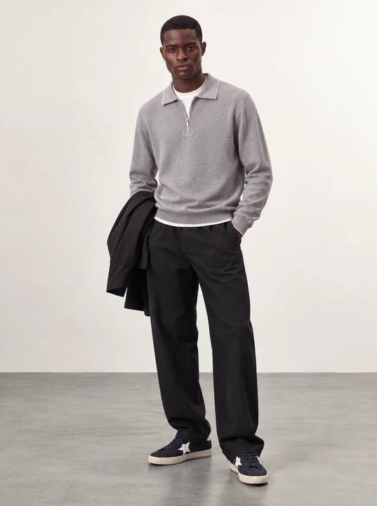GREY TEXTURED HALF-ZIP POLO KNIT W27N