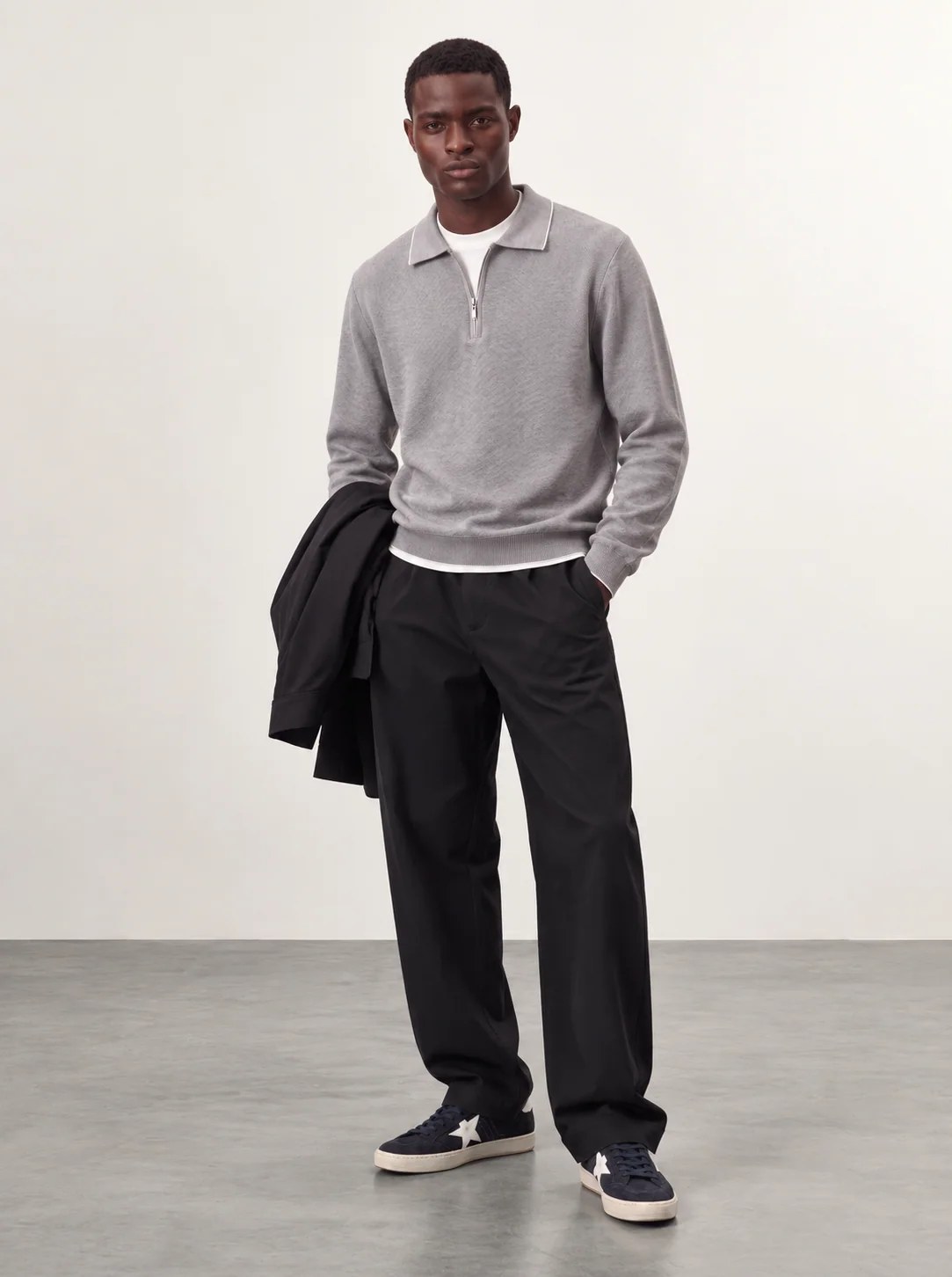 GREY TEXTURED HALF-ZIP POLO KNIT W27N