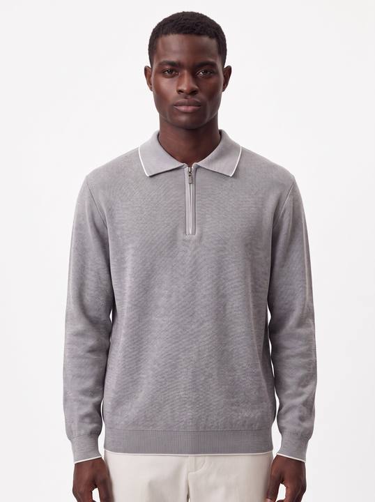 GREY TEXTURED HALF-ZIP POLO KNIT W27N