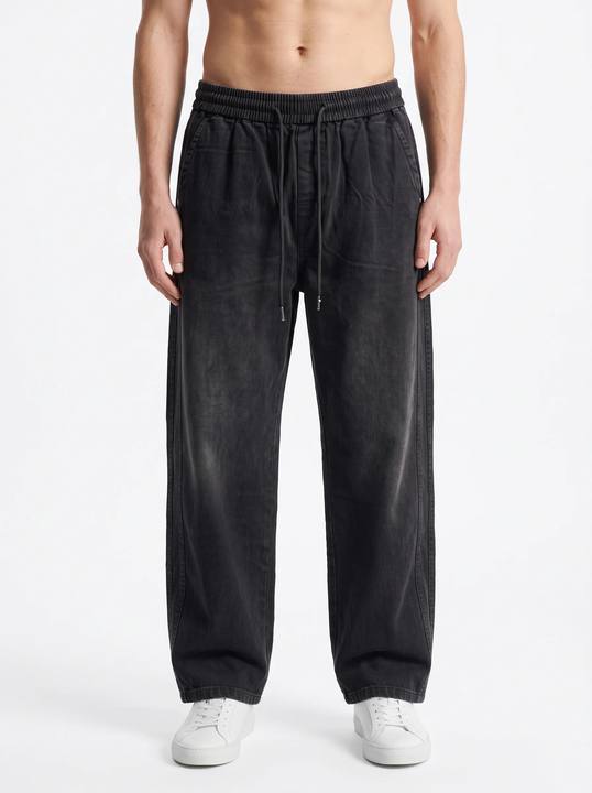 BLACK WASHED WIDE-LEG DRAWSTRING DENIM PANTS W27N