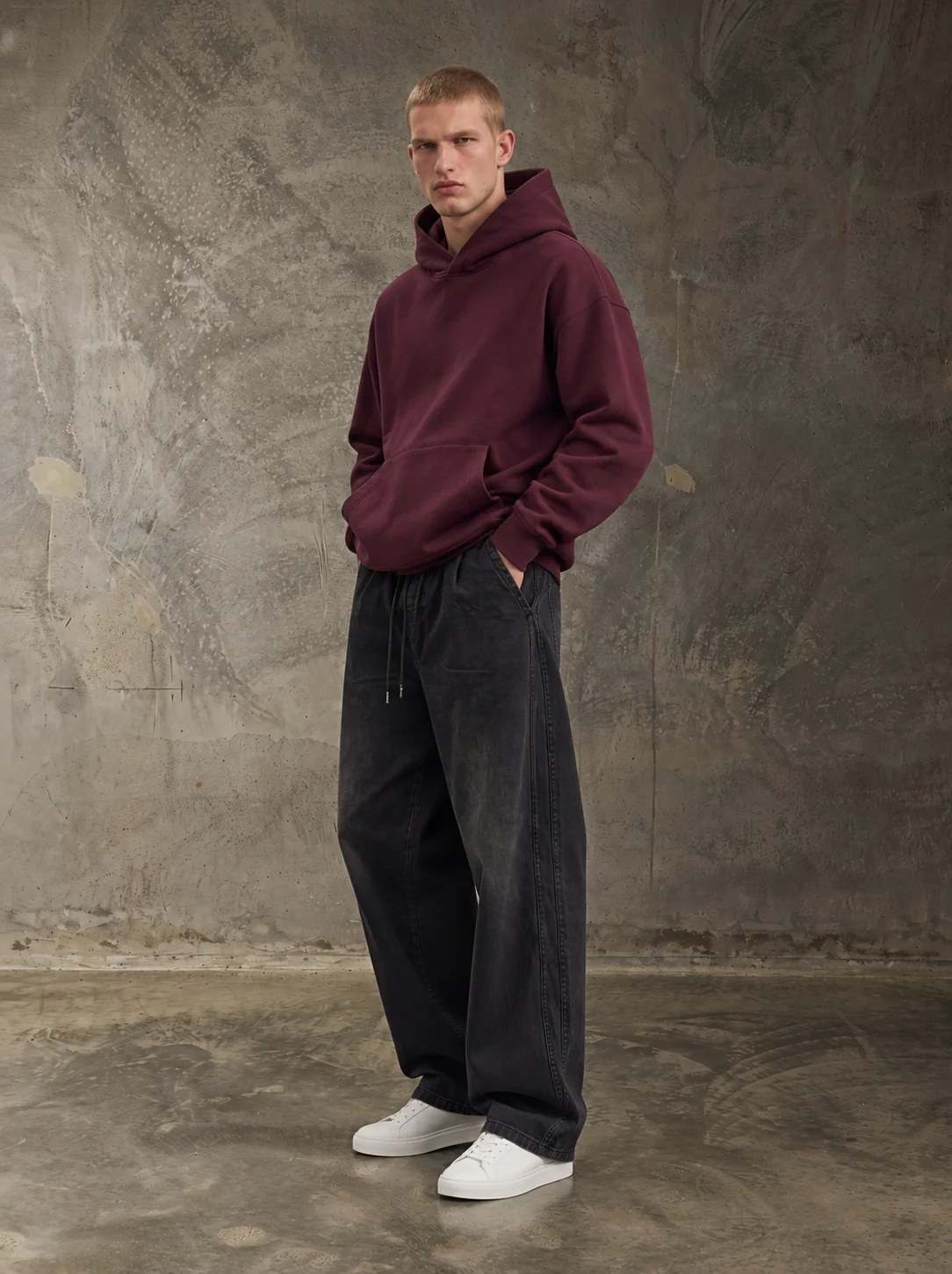 BLACK WASHED WIDE-LEG DRAWSTRING DENIM PANTS W27N