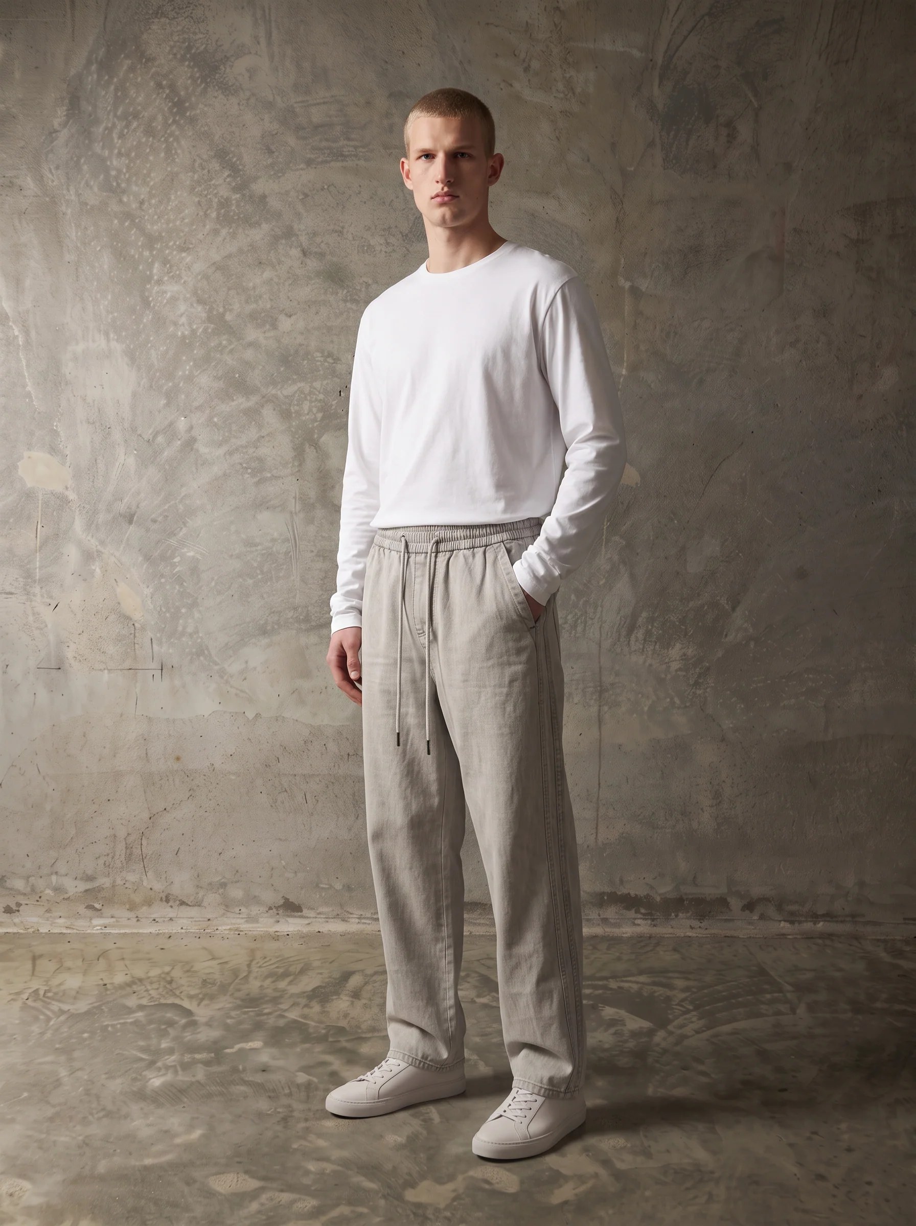 GREY WASHED WIDE-LEG DRAWSTRING DENIM PANTS W27N