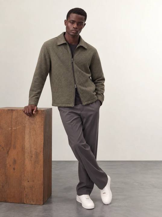 OLIVE & CHARCOAL DIAGONAL STRIPE ZIP-UP OVERSHIRT W27N