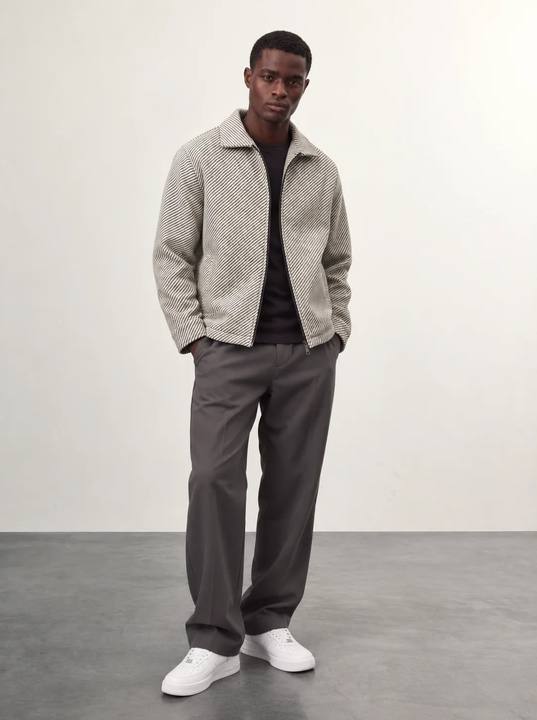 ECRU & CHARCOAL DIAGONAL STRIPE ZIP-UP OVERSHIRT W27N
