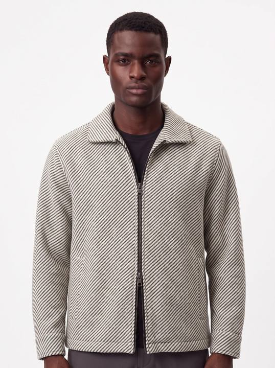 ECRU & CHARCOAL DIAGONAL STRIPE ZIP-UP OVERSHIRT W27N