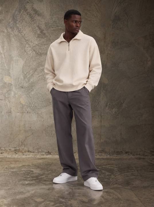 ECRU RIBBED TEXTURED HALF-ZIP OVERSIZED SWEATSHIRT W27N