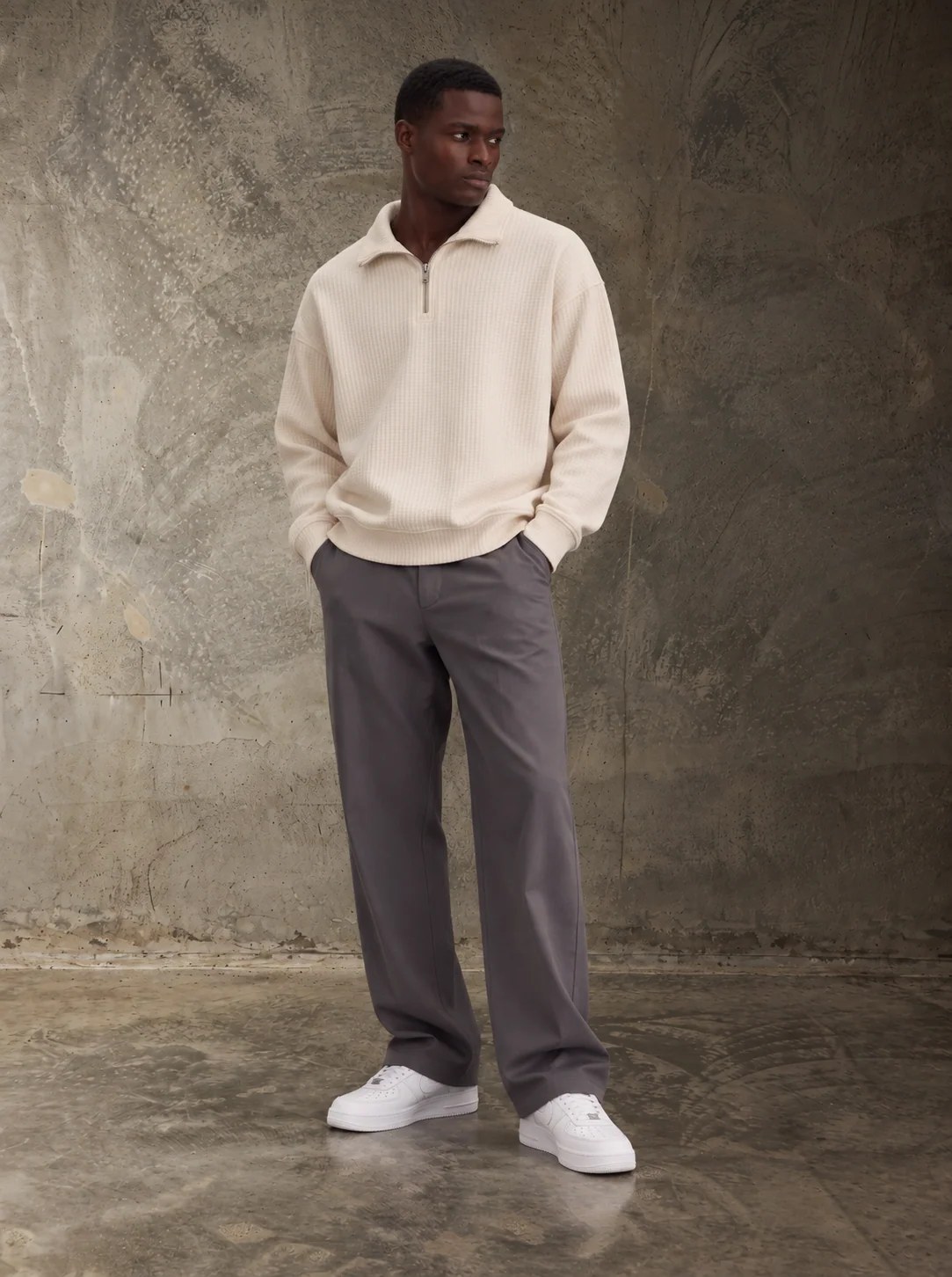 ECRU RIBBED TEXTURED HALF-ZIP OVERSIZED SWEATSHIRT W27N