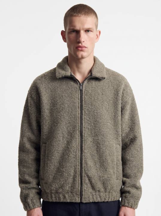 OLIVE BRUSHED WOOL OVERSIZED ZIP-UP JACKET W27N