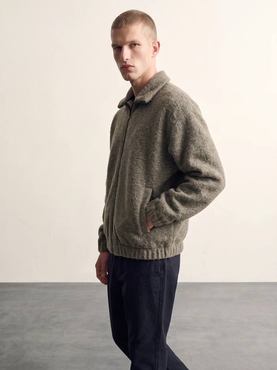 OLIVE BRUSHED WOOL OVERSIZED ZIP-UP JACKET W27N