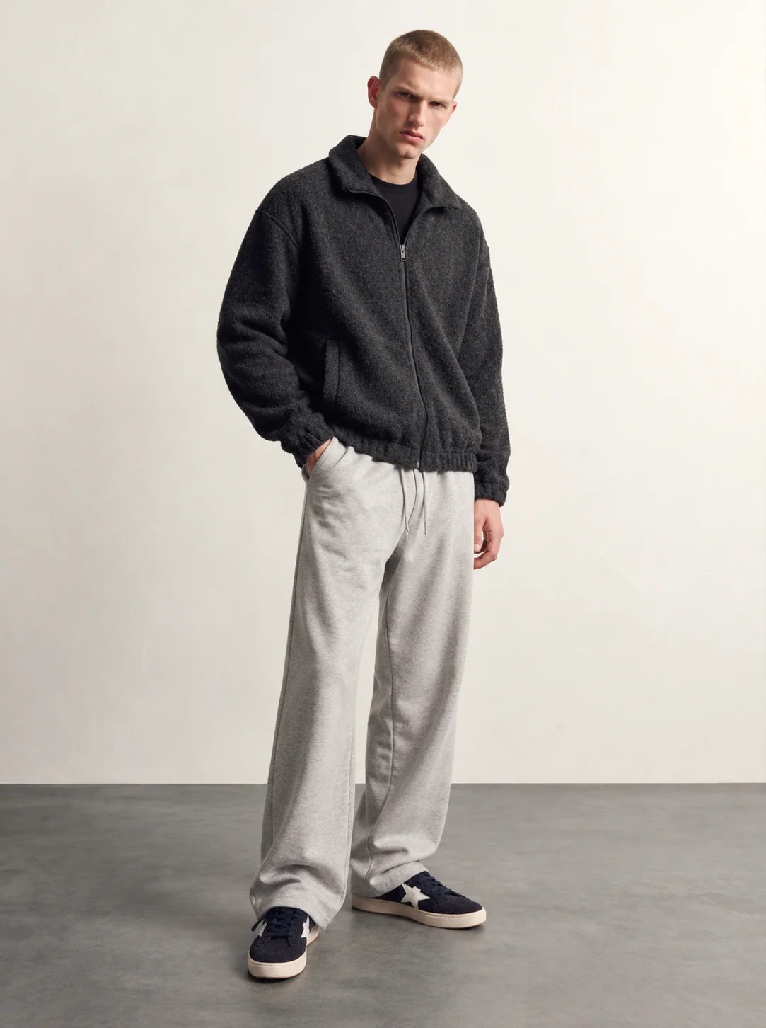 BLACK BRUSHED WOOL OVERSIZED ZIP-UP JACKET W27N