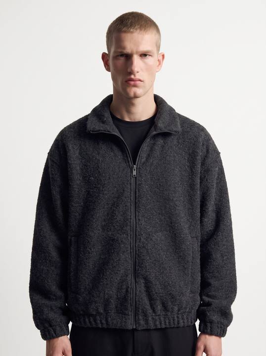 BLACK BRUSHED WOOL OVERSIZED ZIP-UP JACKET W27N