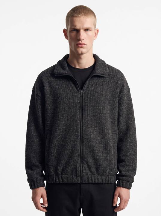 BLACK TEXTURED KNIT ZIP-UP OVERSIZED JACKET W27N
