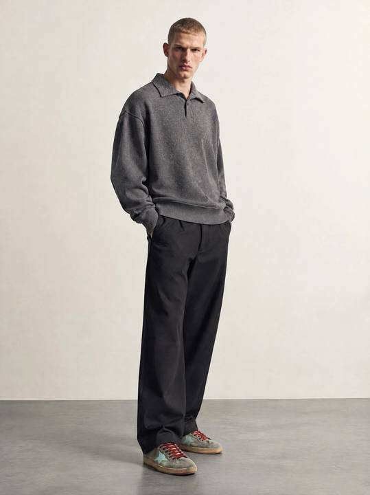 GREY TEXTURED BUTTON POLO SWEATSHIRT W27N