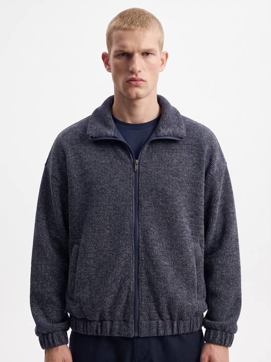 NAVY TEXTURED KNIT ZIP-UP OVERSIZED JACKET W27N