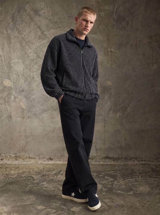 NAVY TEXTURED KNIT ZIP-UP OVERSIZED JACKET W27N