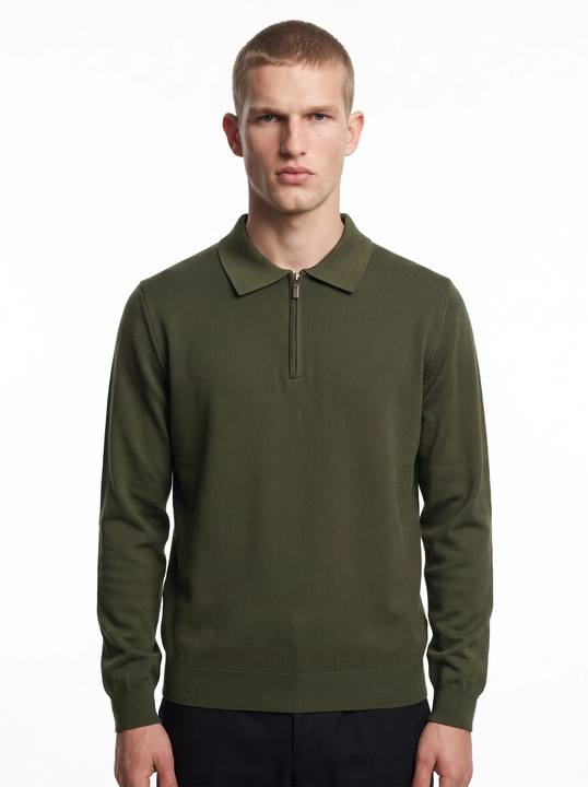 OLIVE GREEN TEXTURED HALF-ZIP POLO KNIT W27N
