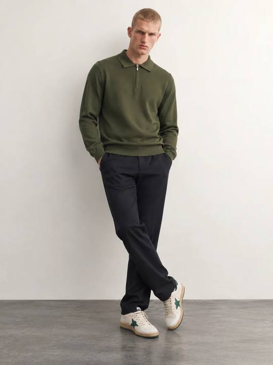 OLIVE GREEN TEXTURED HALF-ZIP POLO KNIT W27N