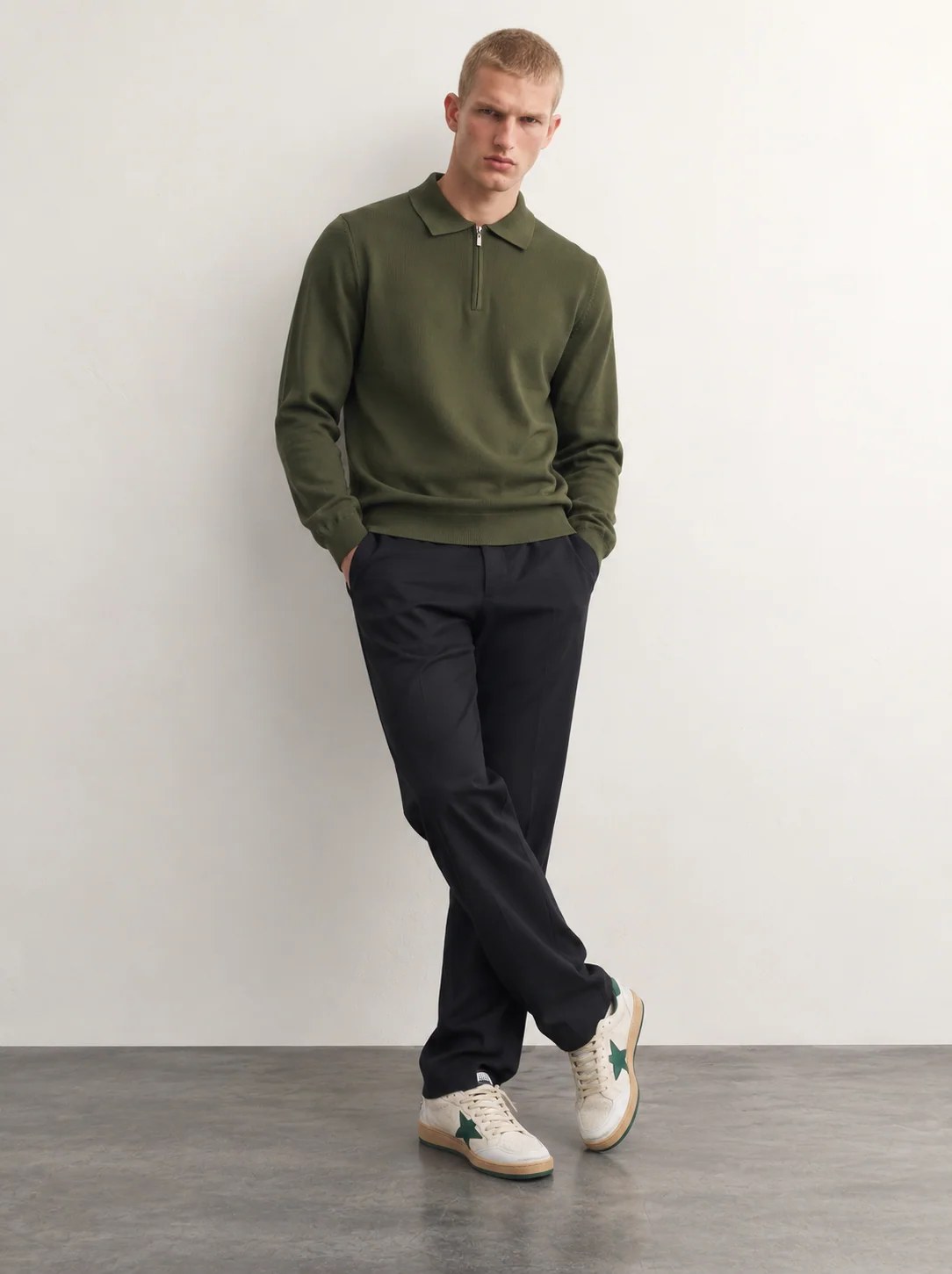 OLIVE GREEN TEXTURED HALF-ZIP POLO KNIT W27N