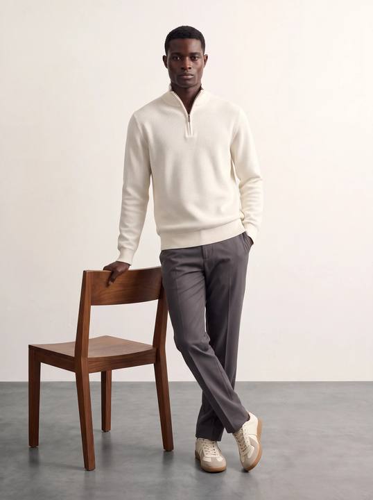 ECRU TEXTURED HALF-ZIP MOCK-NECK KNIT W27N