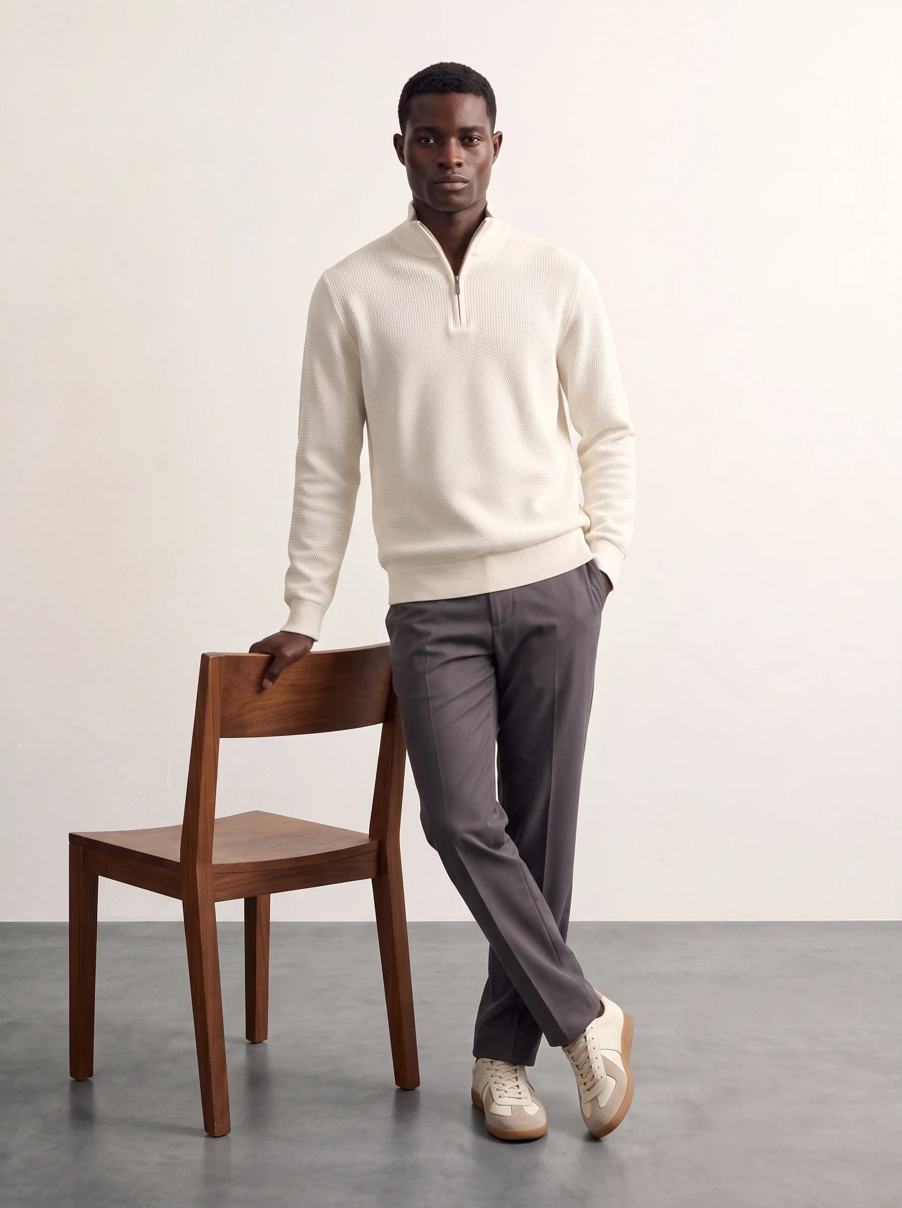 ECRU TEXTURED HALF-ZIP MOCK-NECK KNIT W27N