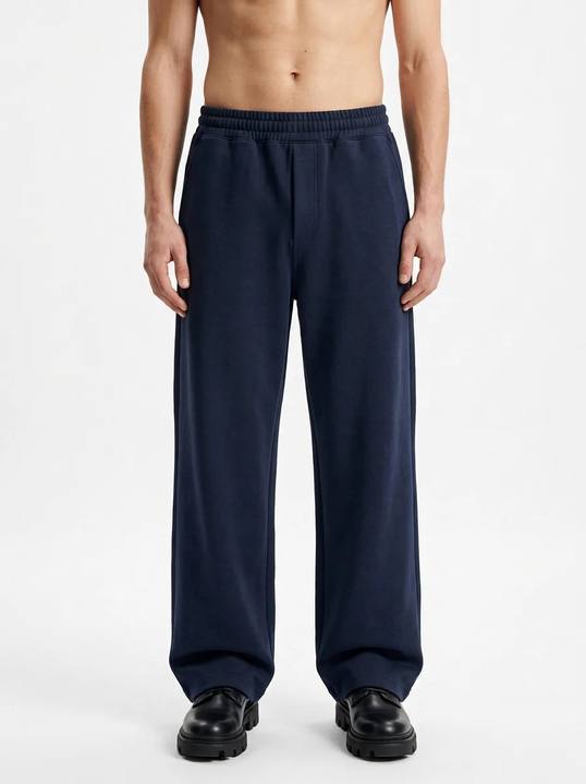 NAVY WIDE-LEG WOOL-TENCEL TROUSERS W27N