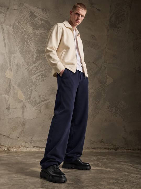 NAVY WIDE-LEG WOOL-TENCEL TROUSERS W27N