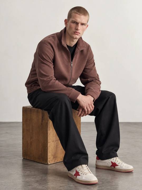 BRICK RED DIAGONAL RIBBED TEXTURED ZIP-UP JACKET W27N